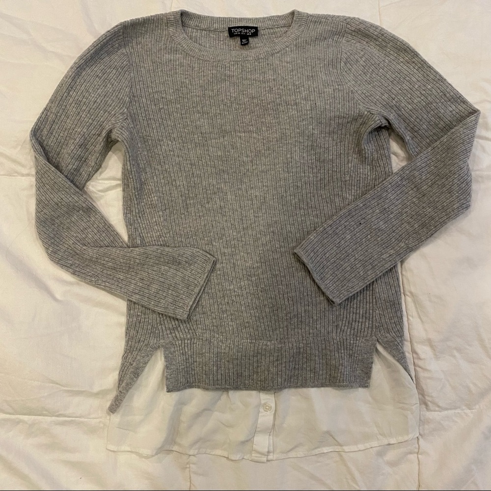Topshop | Gray Ribbed Sweater w/ Mock Layer
